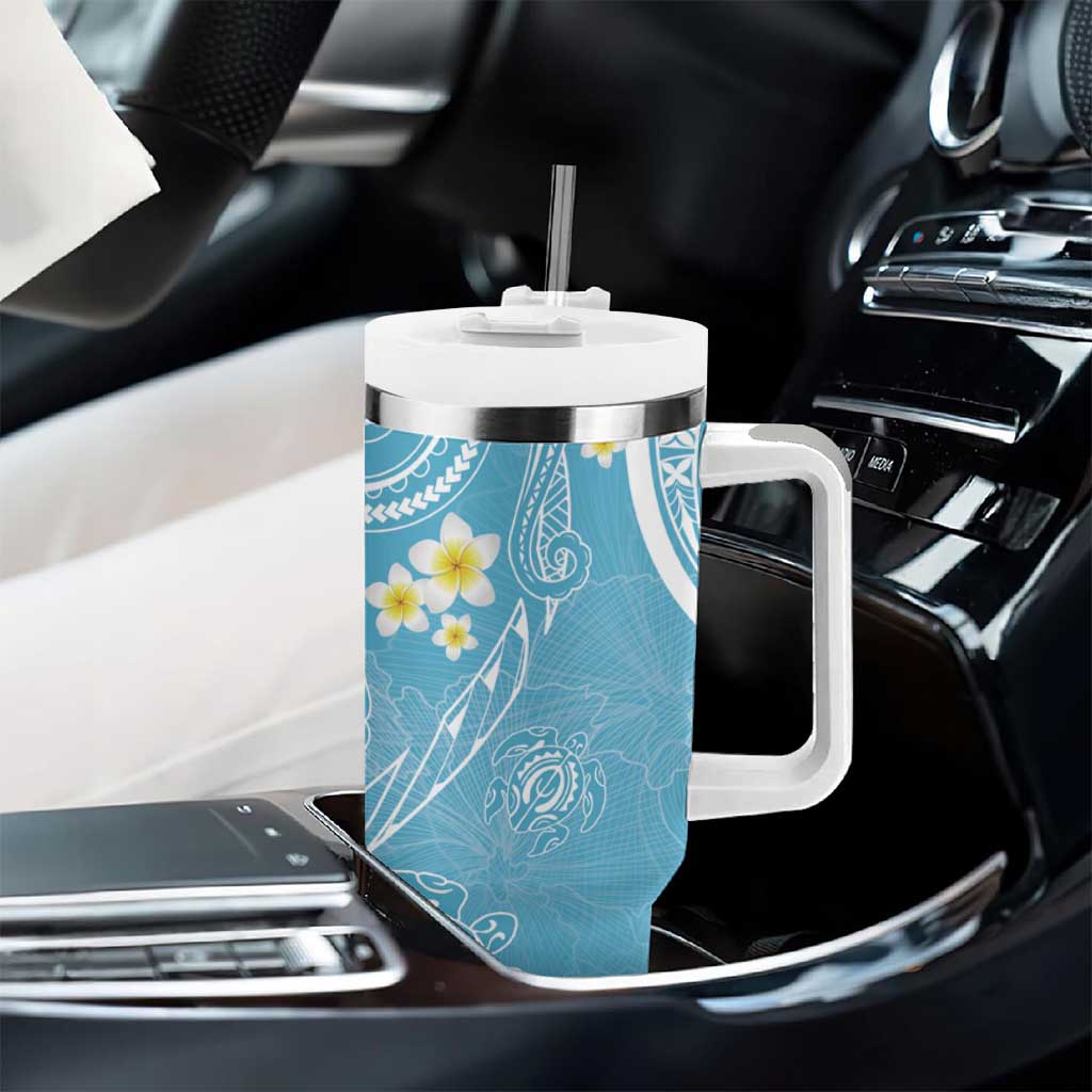 Polynesia Tribal Tumbler With Handle Turquoise Plumeria Tentacles