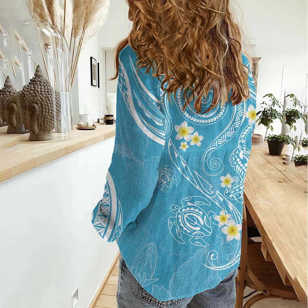 Polynesia Tribal Women Casual Shirt Turquoise Plumeria Tentacles