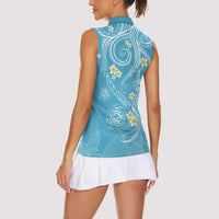 Polynesia Tribal Women Sleeveless Polo Shirt Turquoise Plumeria Tentacles
