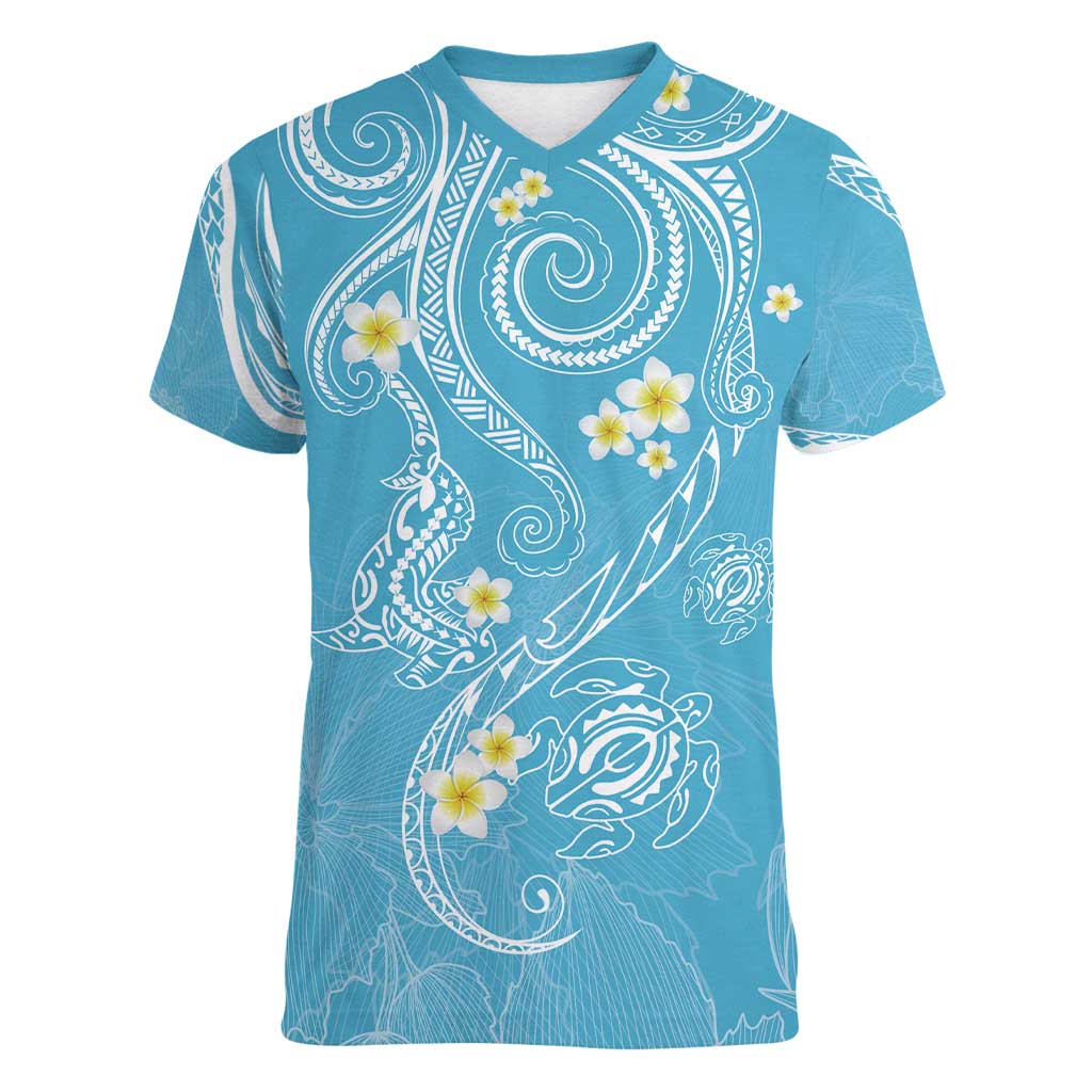 Polynesia Tribal Women V-Neck T-Shirt Turquoise Plumeria Tentacles