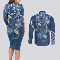 Polynesia Tribal Couples Matching Long Sleeve Bodycon Dress and Long Sleeve Button Shirt Deep Blue Plumeria Tentacles