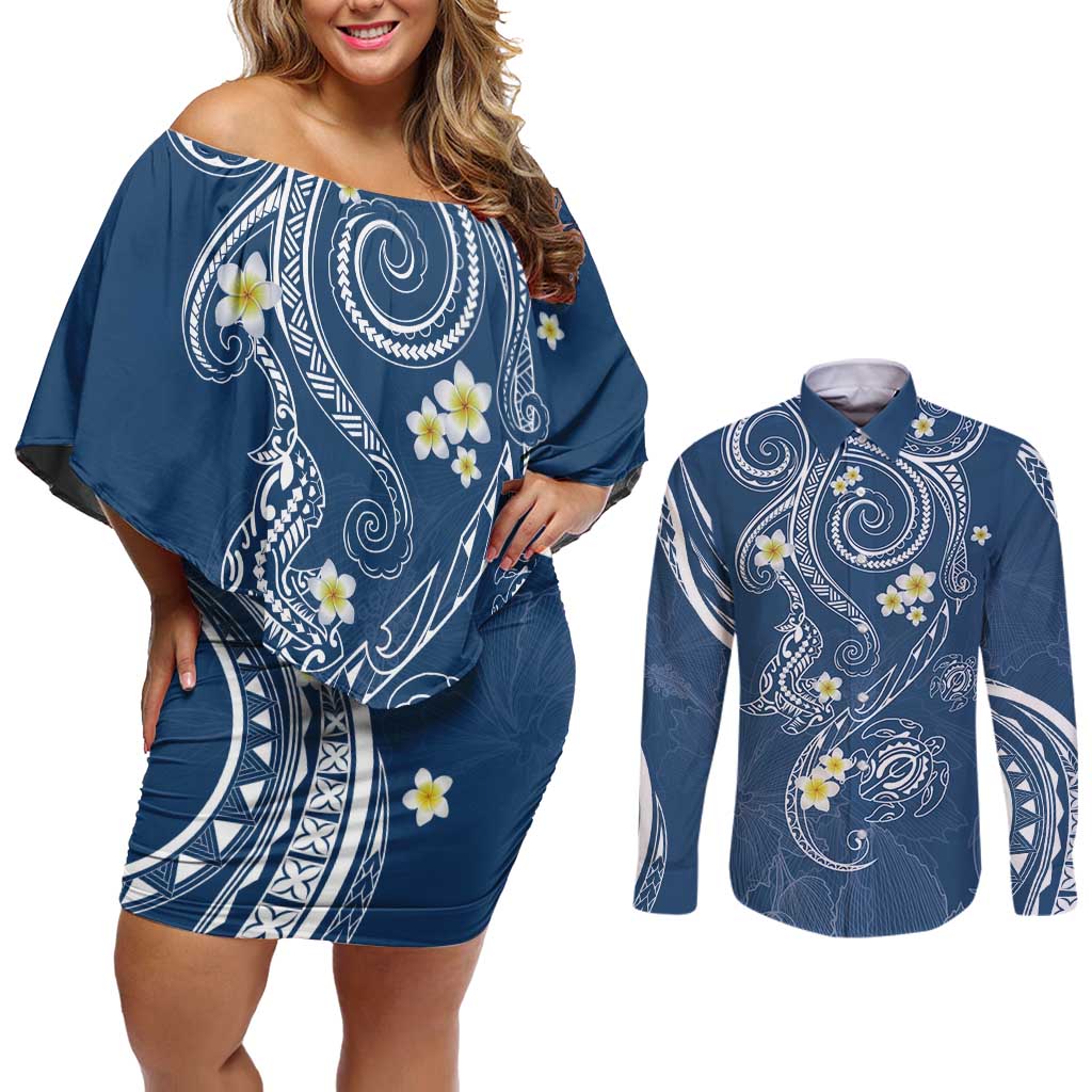 Polynesia Tribal Couples Matching Off Shoulder Short Dress and Long Sleeve Button Shirt Deep Blue Plumeria Tentacles