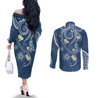 Polynesia Tribal Couples Matching Off The Shoulder Long Sleeve Dress and Long Sleeve Button Shirt Deep Blue Plumeria Tentacles