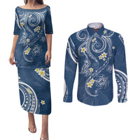 Polynesia Tribal Couples Matching Puletasi and Long Sleeve Button Shirt Deep Blue Plumeria Tentacles