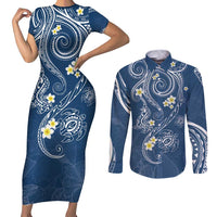 Polynesia Tribal Couples Matching Short Sleeve Bodycon Dress and Long Sleeve Button Shirt Deep Blue Plumeria Tentacles