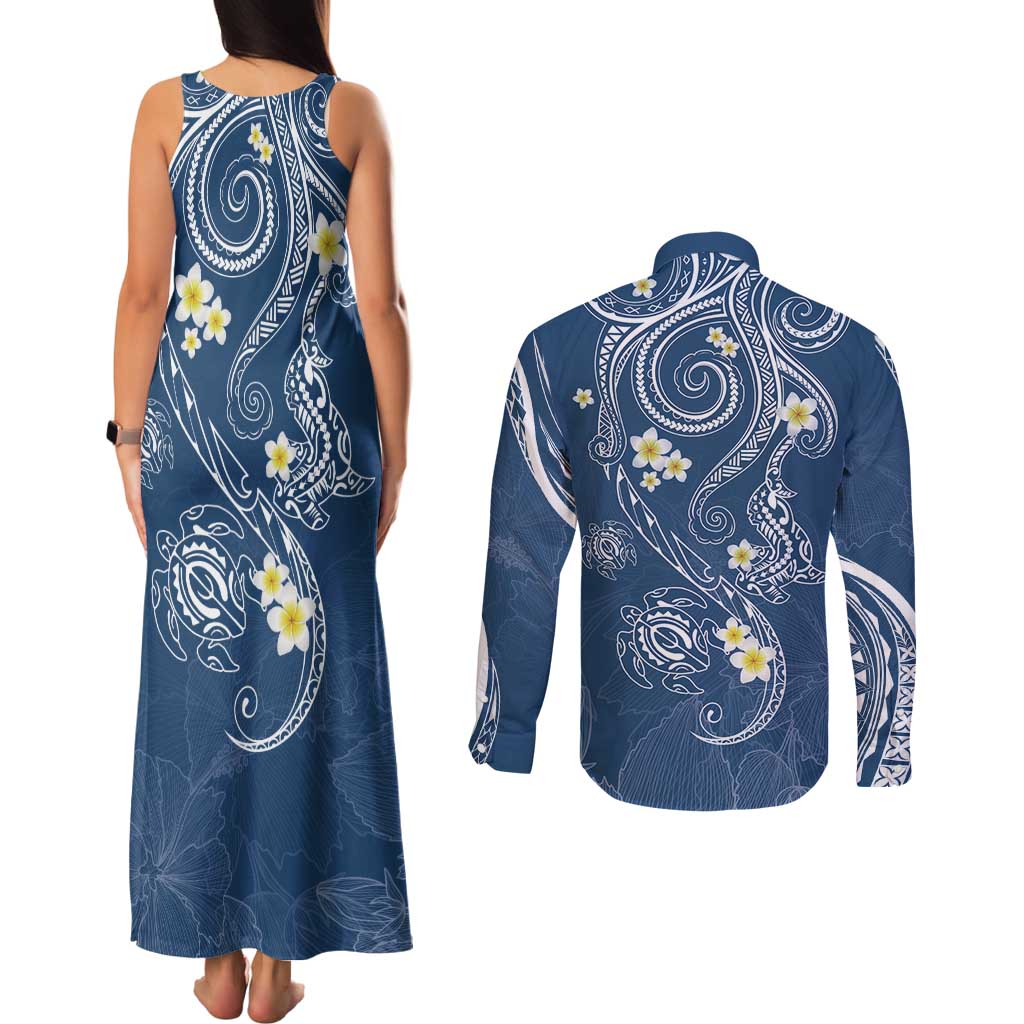 Polynesia Tribal Couples Matching Tank Maxi Dress and Long Sleeve Button Shirt Deep Blue Plumeria Tentacles