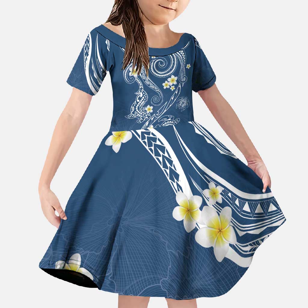 Polynesia Tribal Family Matching Summer Maxi Dress and Hawaiian Shirt Deep Blue Plumeria Tentacles LT7 Daughter's Dress Blue - Polynesian Pride