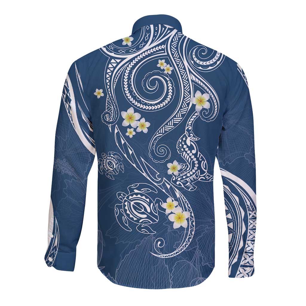 Polynesia Tribal Long Sleeve Button Shirt Deep Blue Plumeria Tentacles