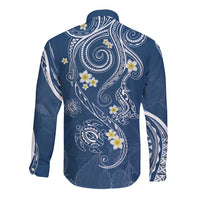 Polynesia Tribal Long Sleeve Button Shirt Deep Blue Plumeria Tentacles