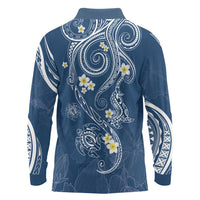 Polynesia Tribal Long Sleeve Polo Shirt Deep Blue Plumeria Tentacles