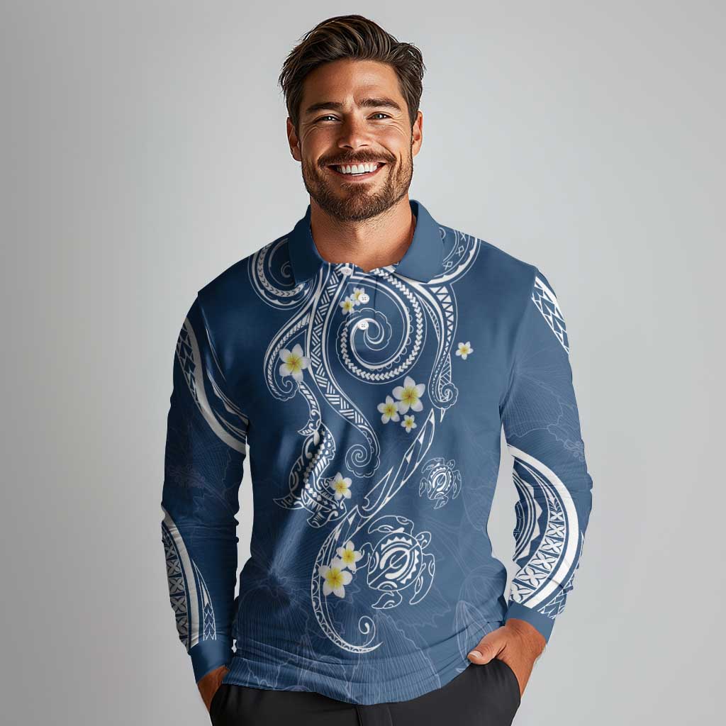 Polynesia Tribal Long Sleeve Polo Shirt Deep Blue Plumeria Tentacles