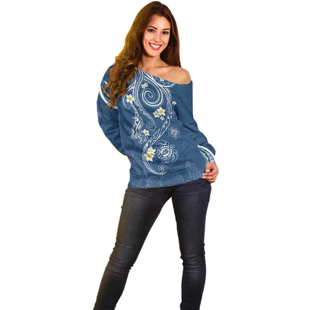 Polynesia Tribal Off Shoulder Sweater Deep Blue Plumeria Tentacles