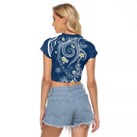 Polynesia Tribal Raglan Cropped T Shirt Deep Blue Plumeria Tentacles