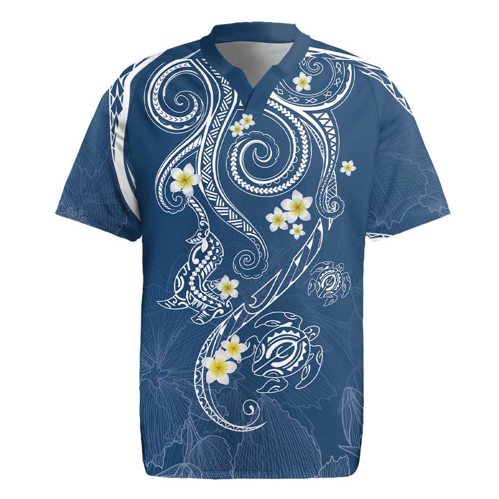 Polynesia Tribal Rugby Jersey Deep Blue Plumeria Tentacles LT7 Blue - Polynesian Pride