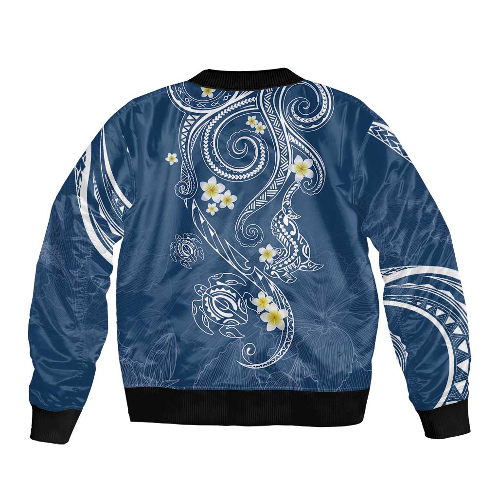 Polynesia Tribal Sleeve Zip Bomber Jacket Deep Blue Plumeria Tentacles