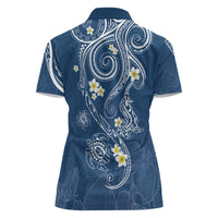 Polynesia Tribal Women Polo Shirt Deep Blue Plumeria Tentacles
