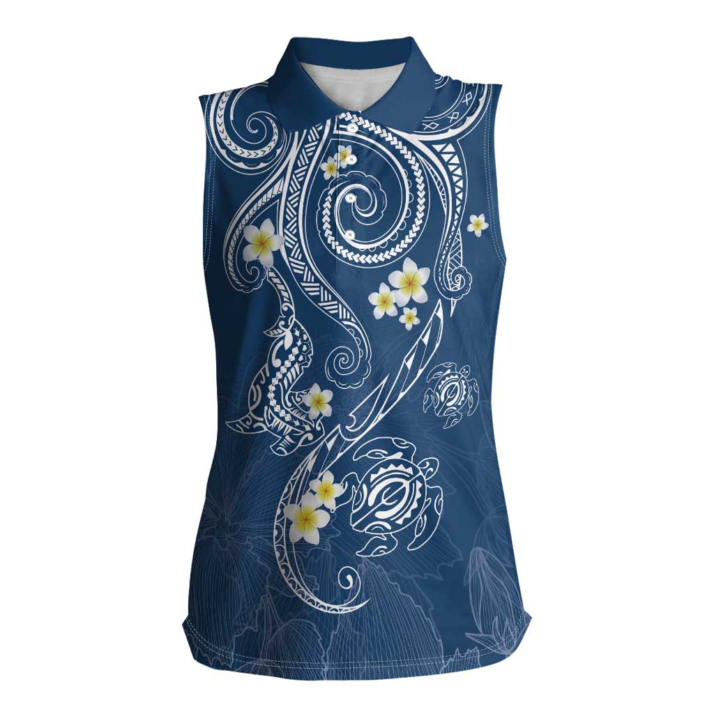 Polynesia Tribal Women Sleeveless Polo Shirt Deep Blue Plumeria Tentacles