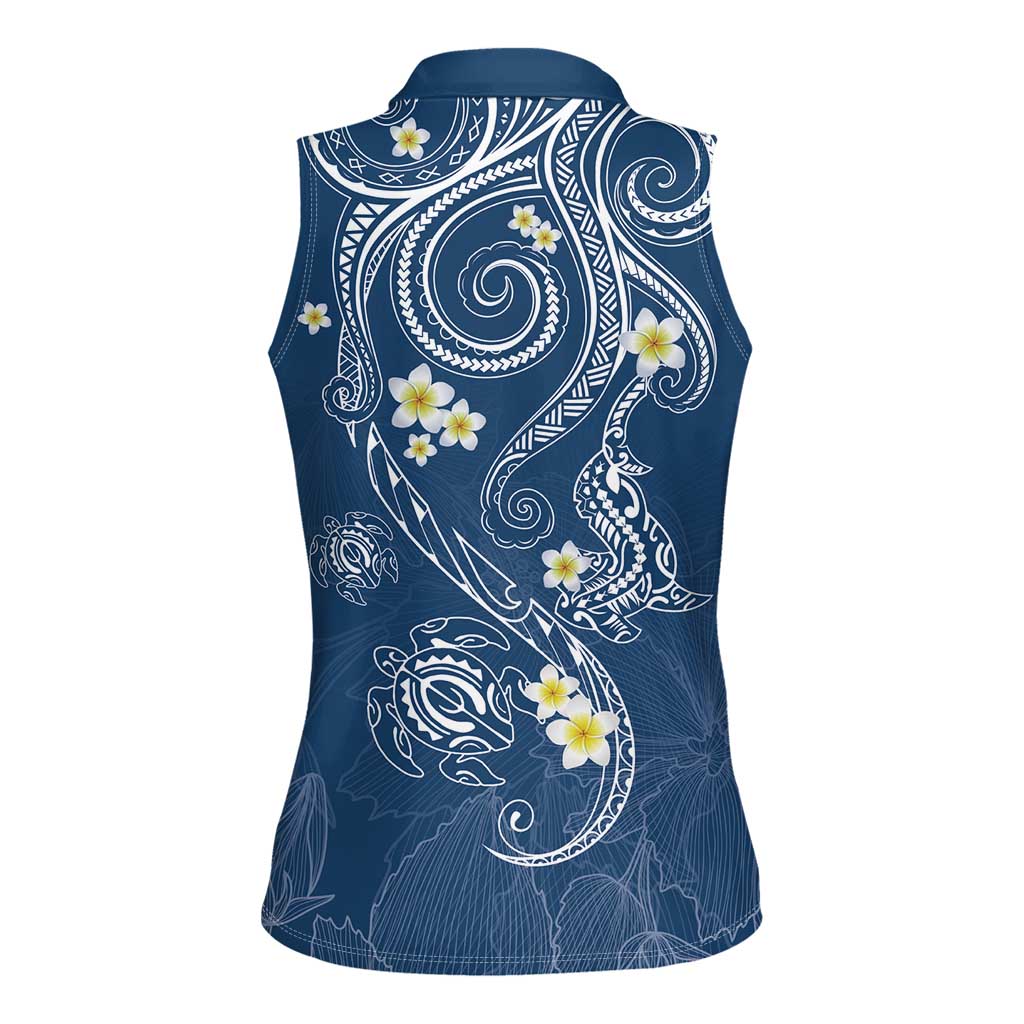 Polynesia Tribal Women Sleeveless Polo Shirt Deep Blue Plumeria Tentacles