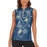 Polynesia Tribal Women Sleeveless Polo Shirt Deep Blue Plumeria Tentacles