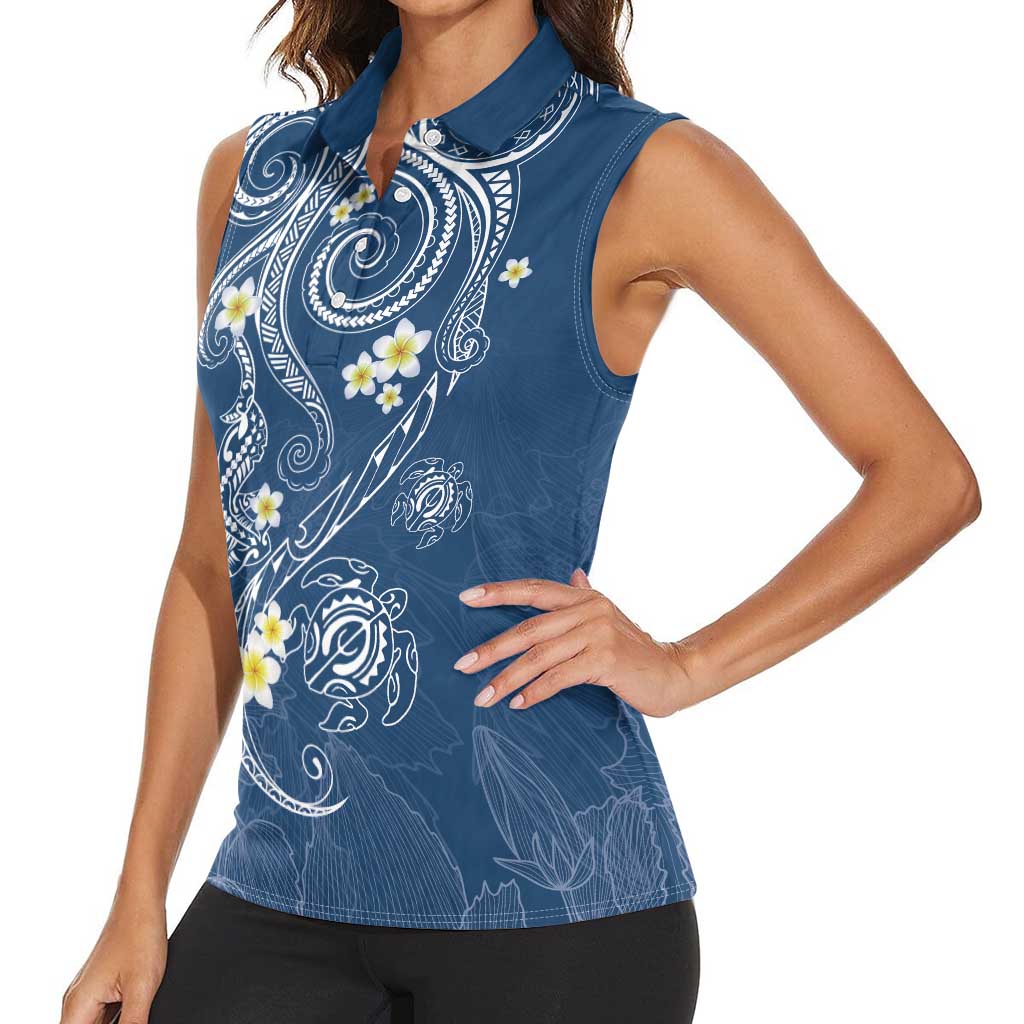 Polynesia Tribal Women Sleeveless Polo Shirt Deep Blue Plumeria Tentacles