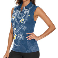 Polynesia Tribal Women Sleeveless Polo Shirt Deep Blue Plumeria Tentacles