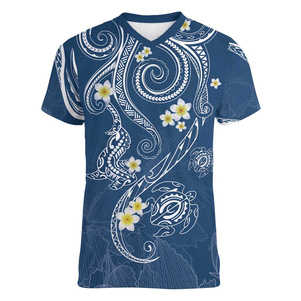 Polynesia Tribal Women V-Neck T-Shirt Deep Blue Plumeria Tentacles