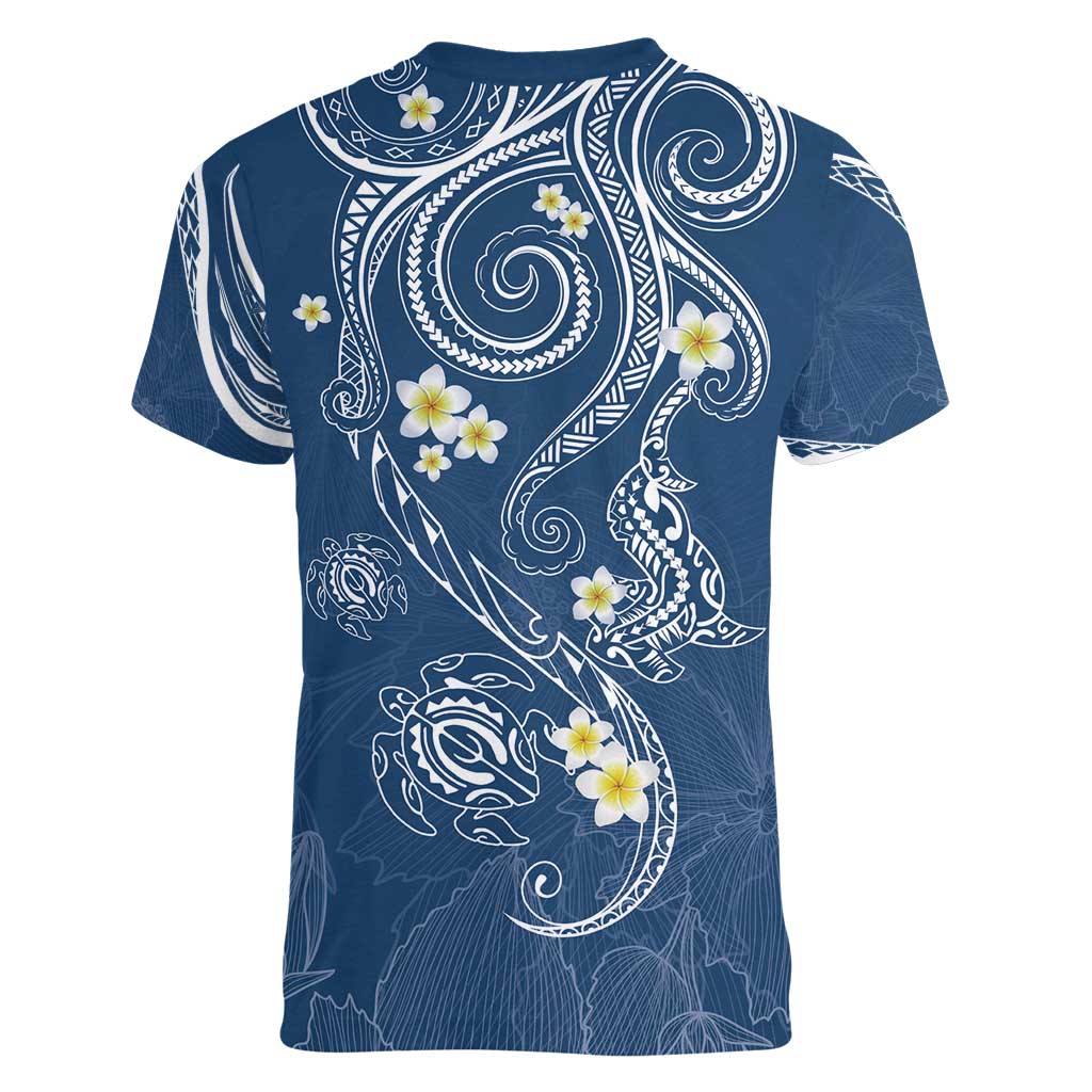 Polynesia Tribal Women V-Neck T-Shirt Deep Blue Plumeria Tentacles