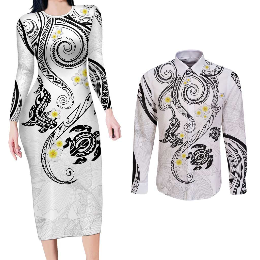 Polynesia Tribal Couples Matching Long Sleeve Bodycon Dress and Long Sleeve Button Shirt White Plumeria Tentacles