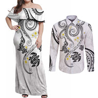 Polynesia Tribal Couples Matching Off Shoulder Maxi Dress and Long Sleeve Button Shirt White Plumeria Tentacles