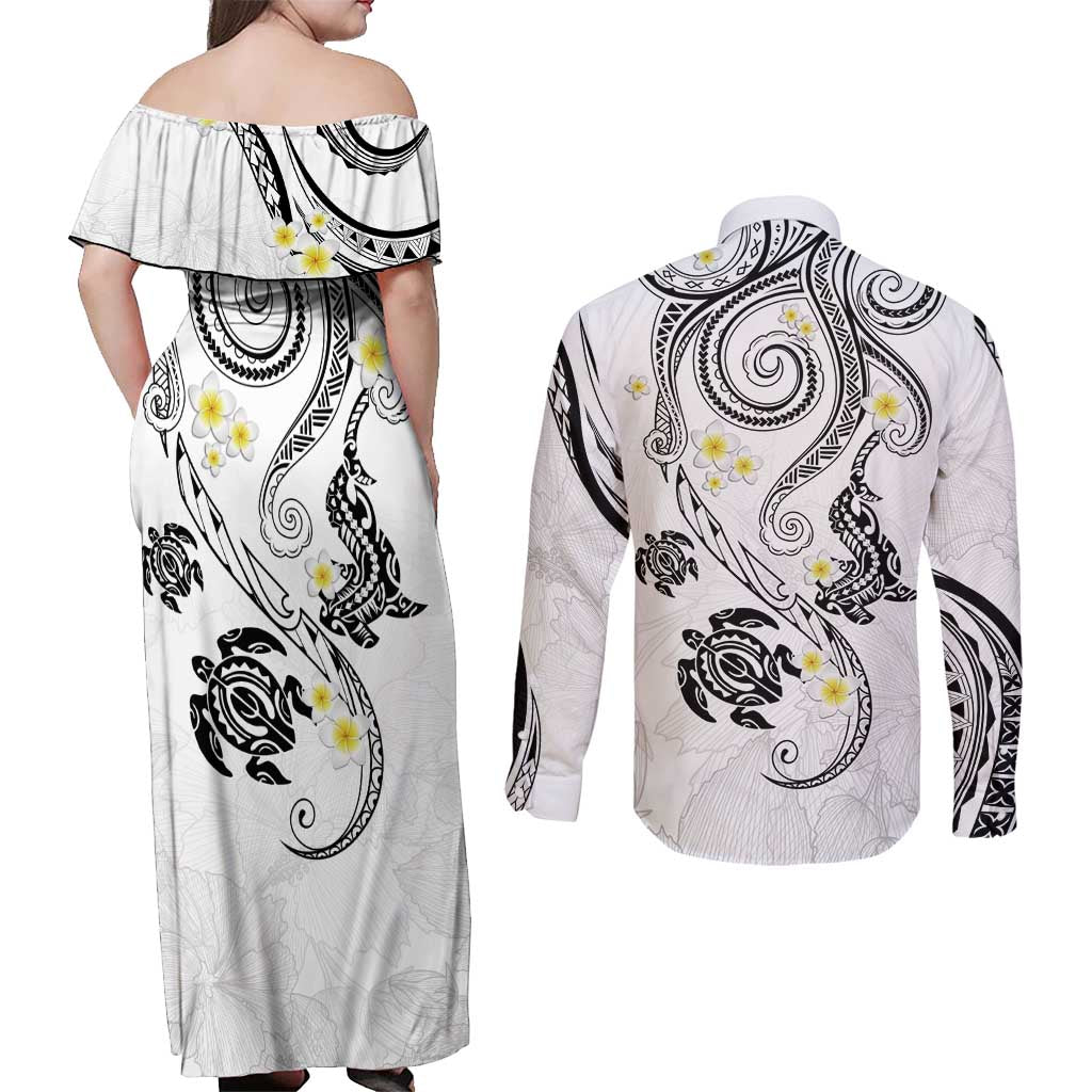Polynesia Tribal Couples Matching Off Shoulder Maxi Dress and Long Sleeve Button Shirt White Plumeria Tentacles