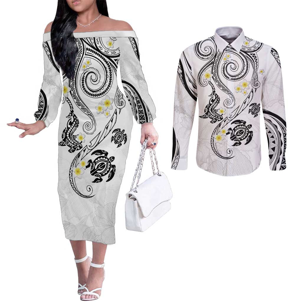 Polynesia Tribal Couples Matching Off The Shoulder Long Sleeve Dress and Long Sleeve Button Shirt White Plumeria Tentacles