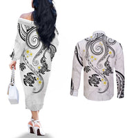 Polynesia Tribal Couples Matching Off The Shoulder Long Sleeve Dress and Long Sleeve Button Shirt White Plumeria Tentacles