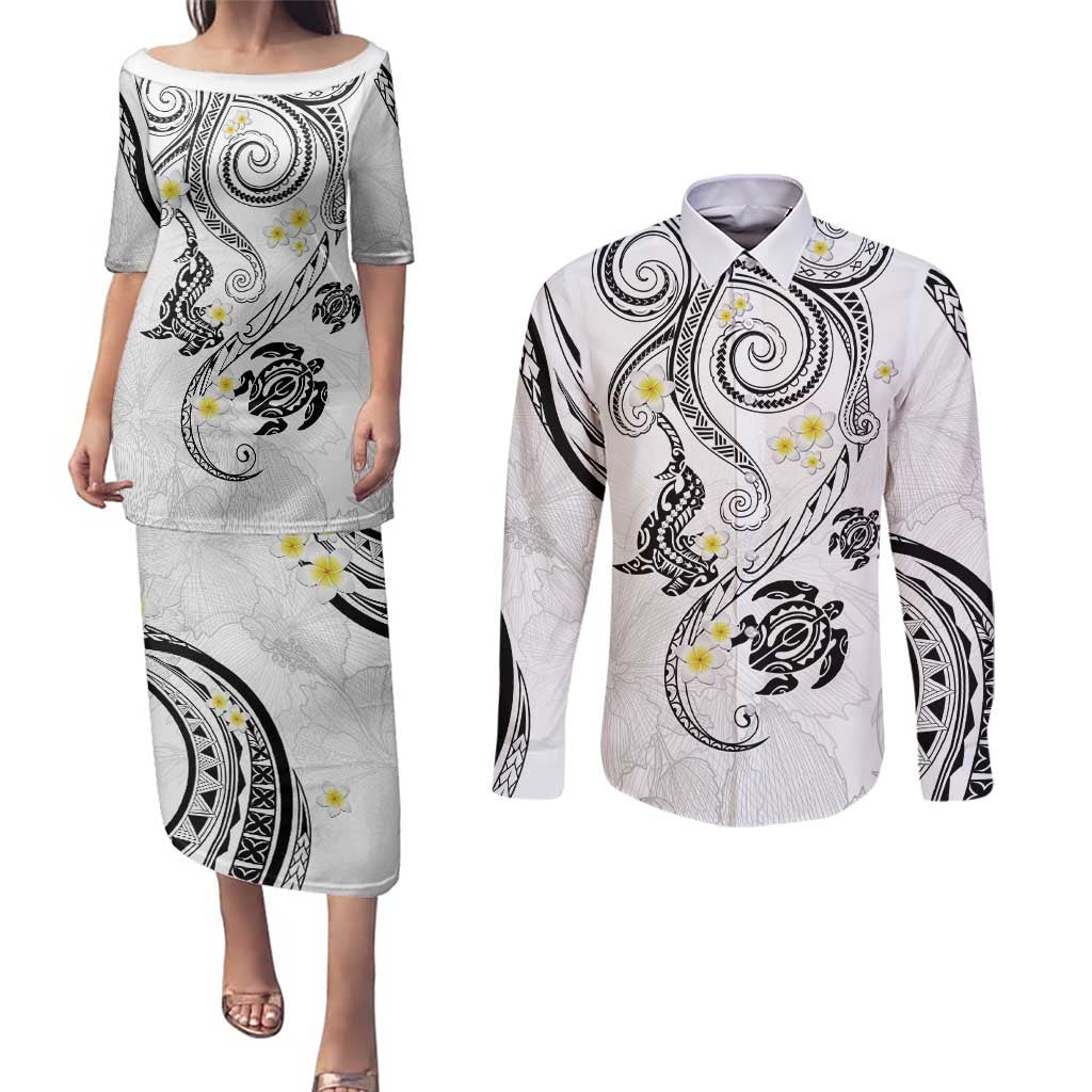 Polynesia Tribal Couples Matching Puletasi and Long Sleeve Button Shirt White Plumeria Tentacles