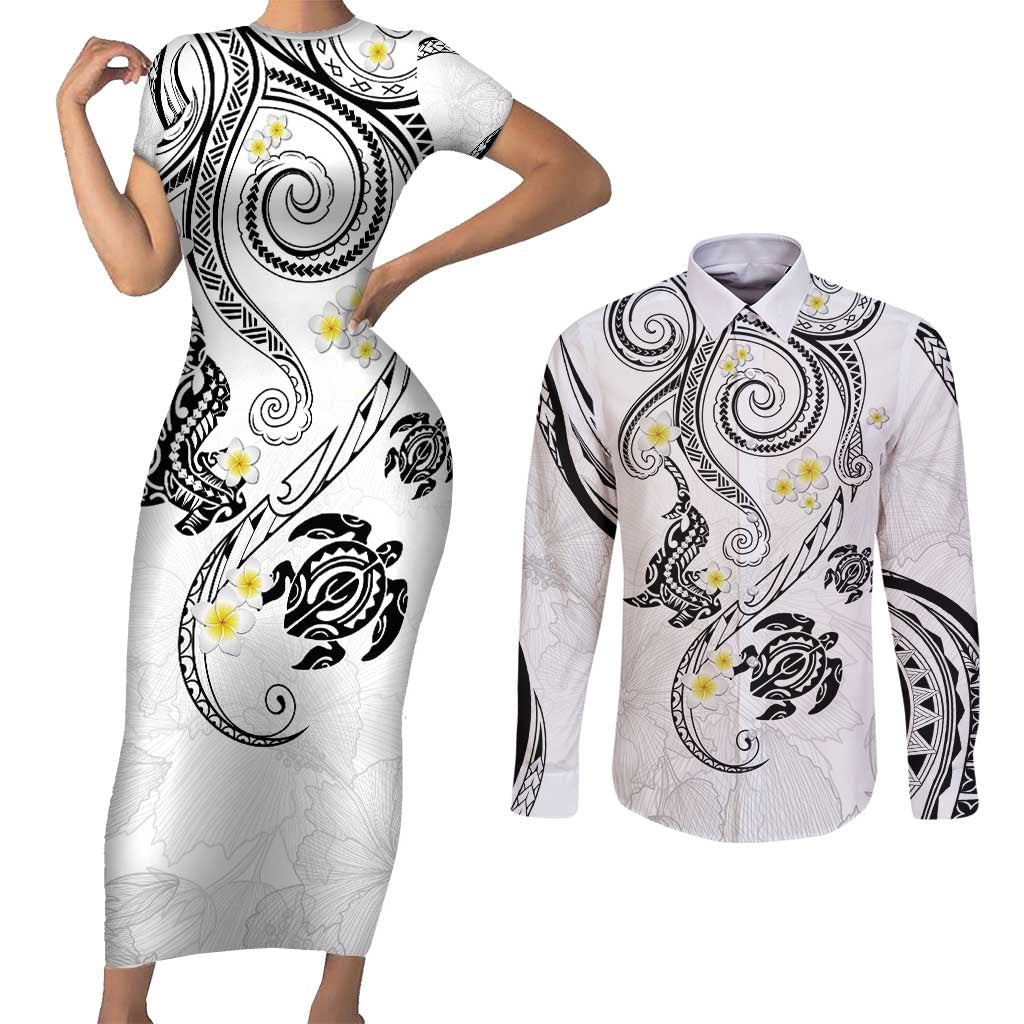 Polynesia Tribal Couples Matching Short Sleeve Bodycon Dress and Long Sleeve Button Shirt White Plumeria Tentacles