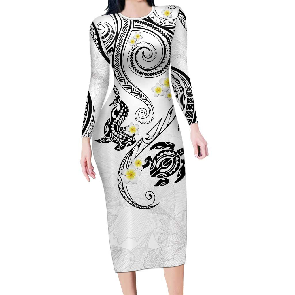 Polynesia Tribal Family Matching Long Sleeve Bodycon Dress and Hawaiian Shirt White Plumeria Tentacles