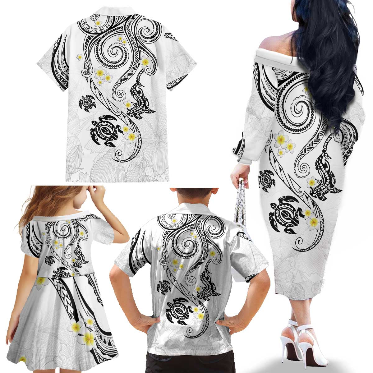 Polynesia Tribal Family Matching Off The Shoulder Long Sleeve Dress and Hawaiian Shirt White Plumeria Tentacles LT7 - Polynesian Pride