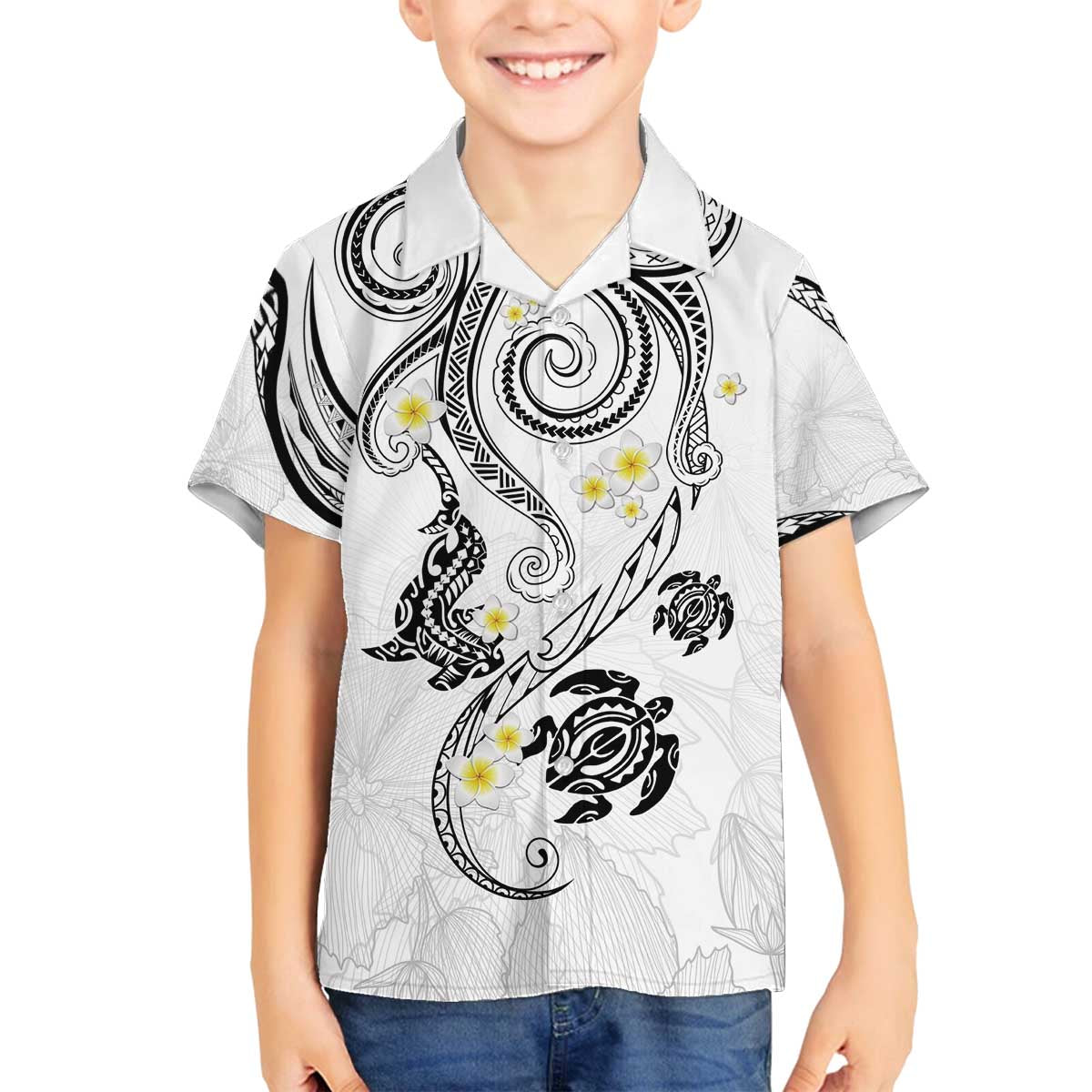 Polynesia Tribal Family Matching Off The Shoulder Long Sleeve Dress and Hawaiian Shirt White Plumeria Tentacles LT7 - Polynesian Pride