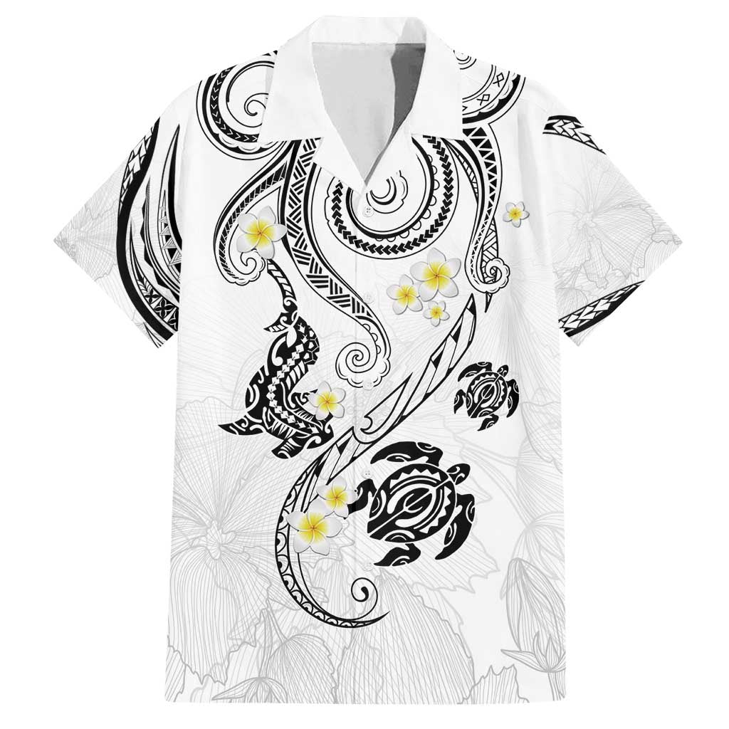 Polynesia Tribal Family Matching Off Shoulder Short Dress and Hawaiian Shirt White Plumeria Tentacles