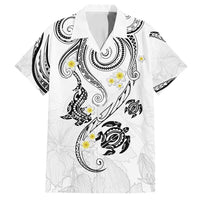 Polynesia Tribal Family Matching Off Shoulder Short Dress and Hawaiian Shirt White Plumeria Tentacles