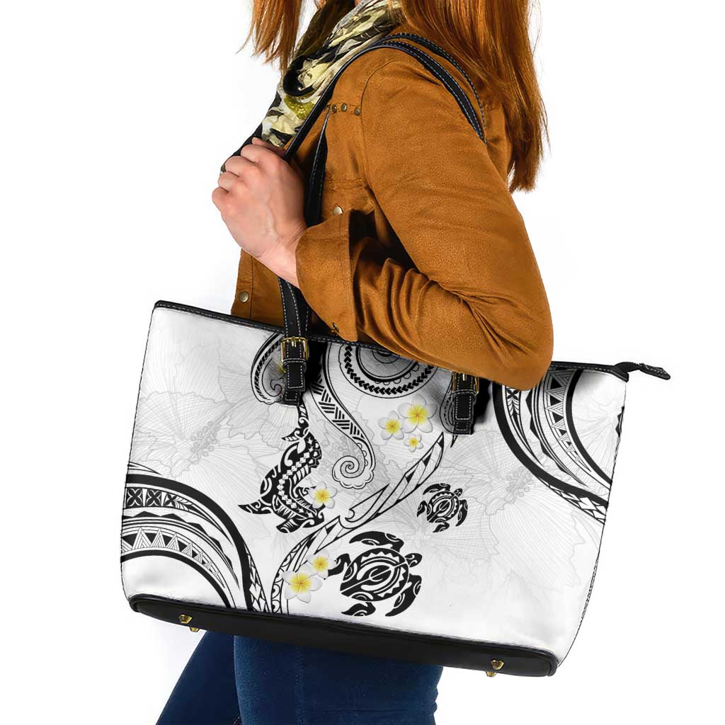 Polynesia Tribal Leather Tote Bag White Plumeria Tentacles