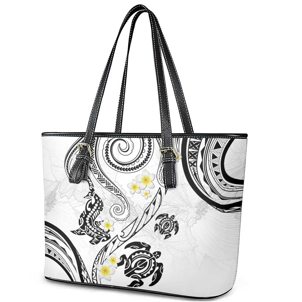 Polynesia Tribal Leather Tote Bag White Plumeria Tentacles