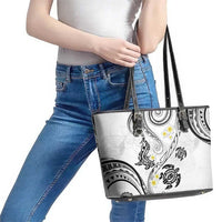 Polynesia Tribal Leather Tote Bag White Plumeria Tentacles