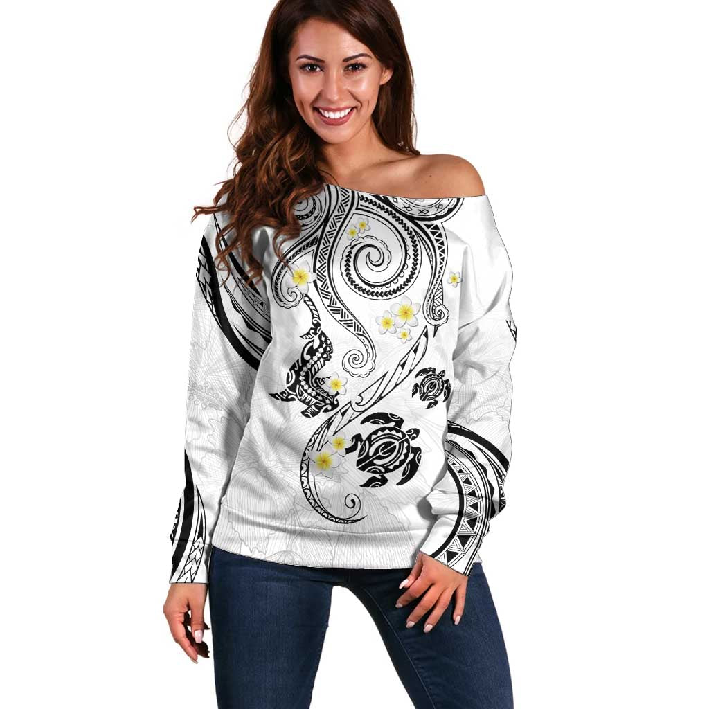 Polynesia Tribal Off Shoulder Sweater White Plumeria Tentacles LT7 Women White - Polynesian Pride