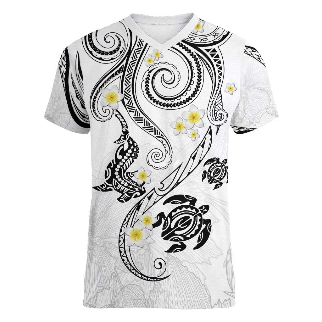 Polynesia Tribal Women V-Neck T-Shirt White Plumeria Tentacles