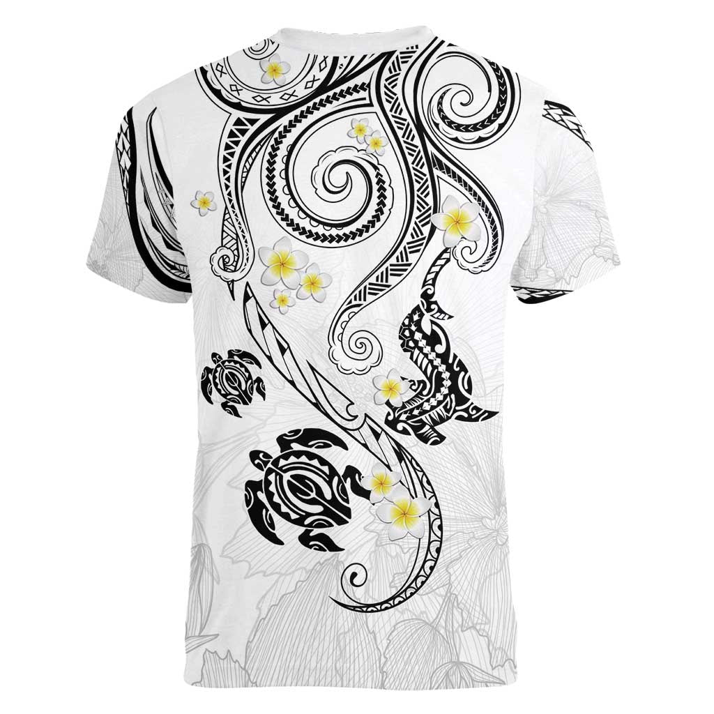 Polynesia Tribal Women V-Neck T-Shirt White Plumeria Tentacles