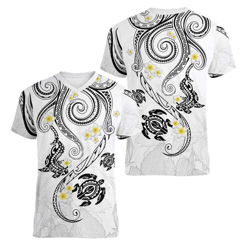 Polynesia Tribal Women V-Neck T-Shirt White Plumeria Tentacles