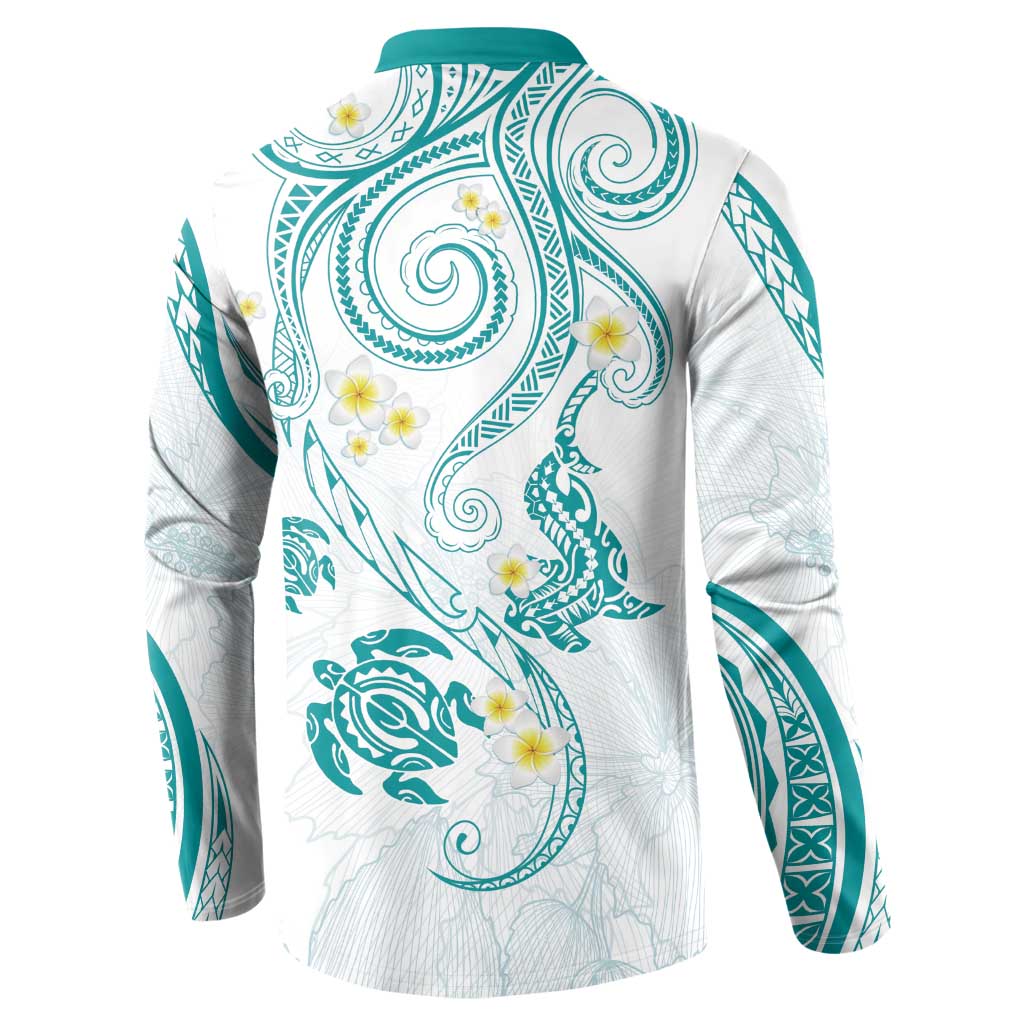 Polynesia Tribal Button Sweatshirt Teal Plumeria Tentacles