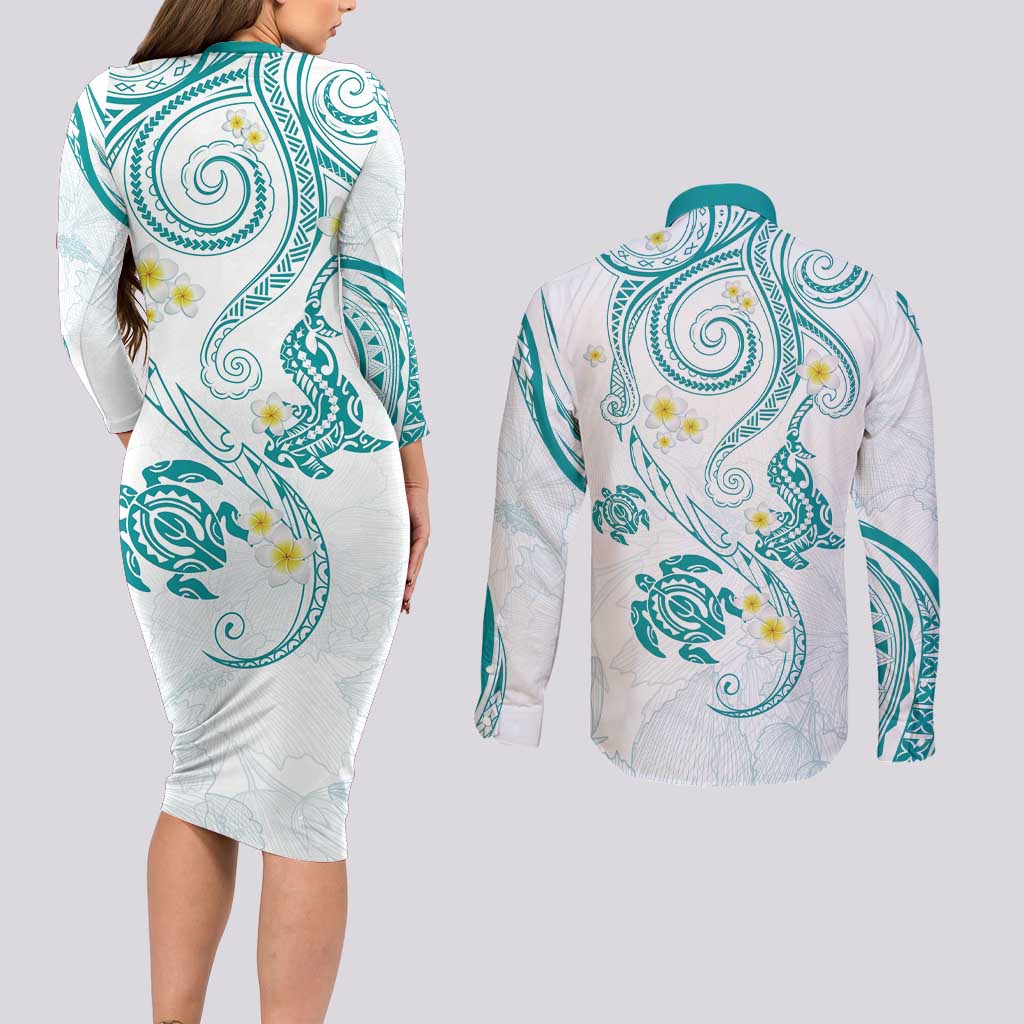 Polynesia Tribal Couples Matching Long Sleeve Bodycon Dress and Long Sleeve Button Shirt Teal Plumeria Tentacles