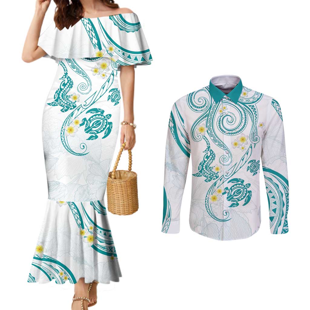 Polynesia Tribal Couples Matching Mermaid Dress and Long Sleeve Button Shirt Teal Plumeria Tentacles