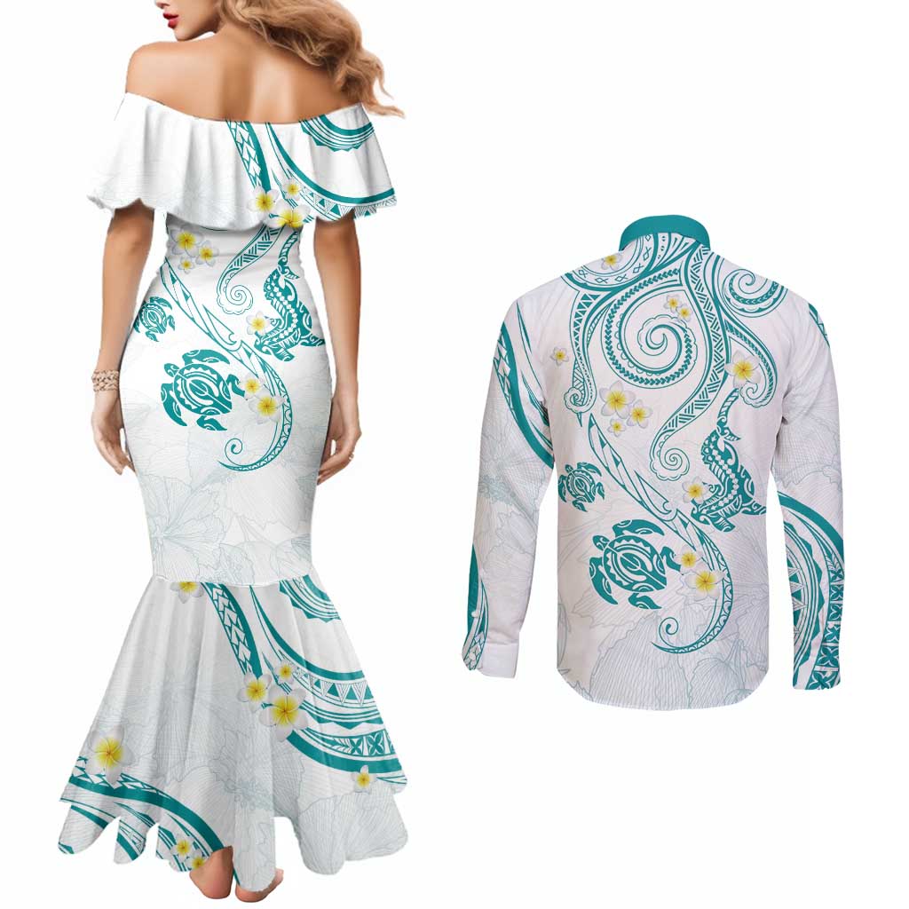 Polynesia Tribal Couples Matching Mermaid Dress and Long Sleeve Button Shirt Teal Plumeria Tentacles